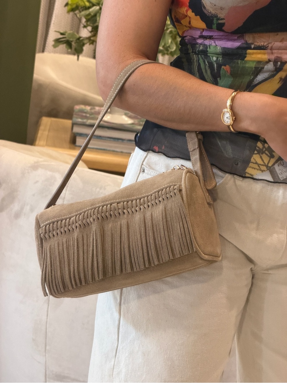 Moda Luxe Taupe Suede Fringe Shoulder Bag